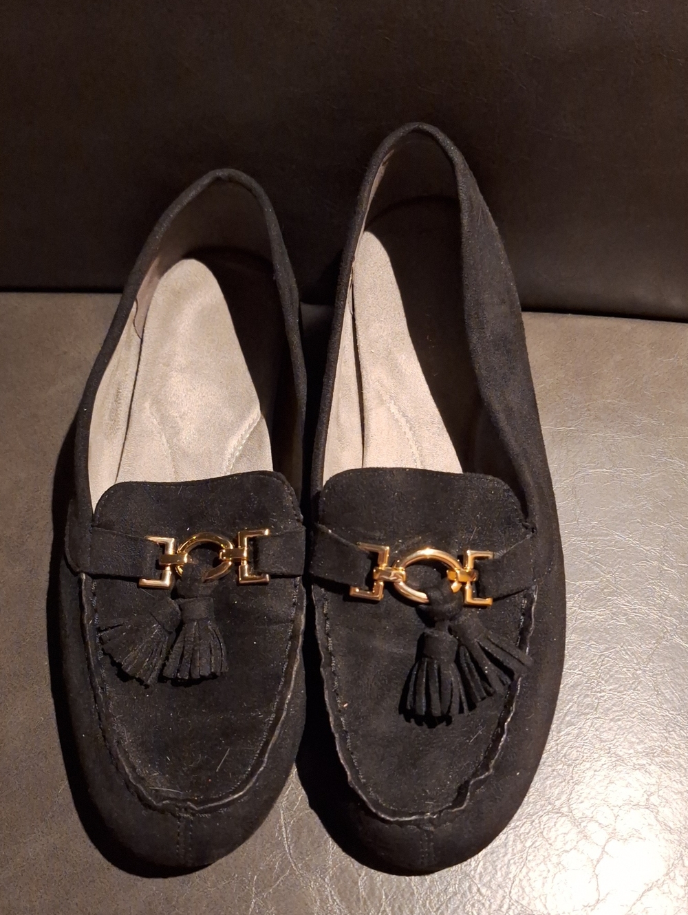 AEROSOLES Black Suede Tassel Loafers with Gold Hardware